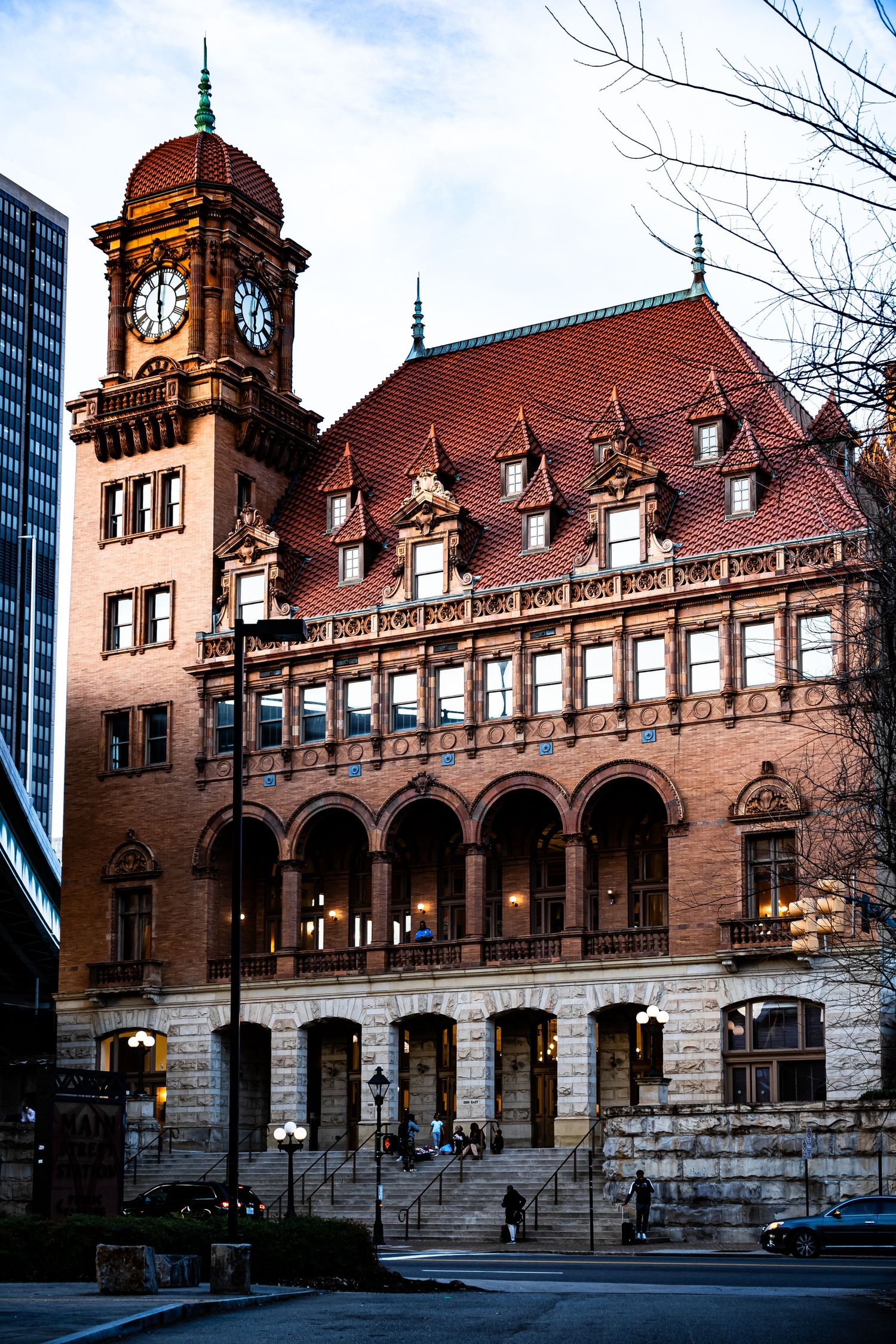 Historic Main Street Station in Richmond features red brick Victorian architecture with arched windows and ornate details.