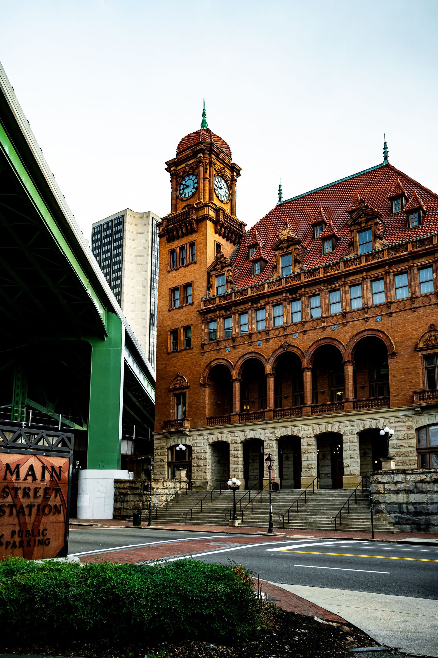Historic Main Street Station in Richmond features distinctive Romanesque Revival architecture with red brick and arched windows.