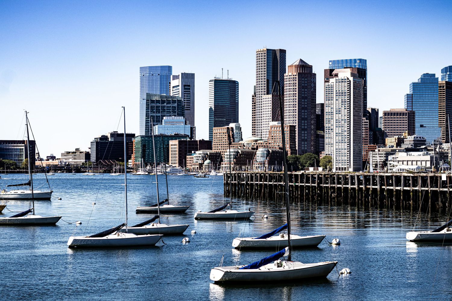 Boston skyline and harbor with sailboats docked along the waterfront on a clear sunny day.