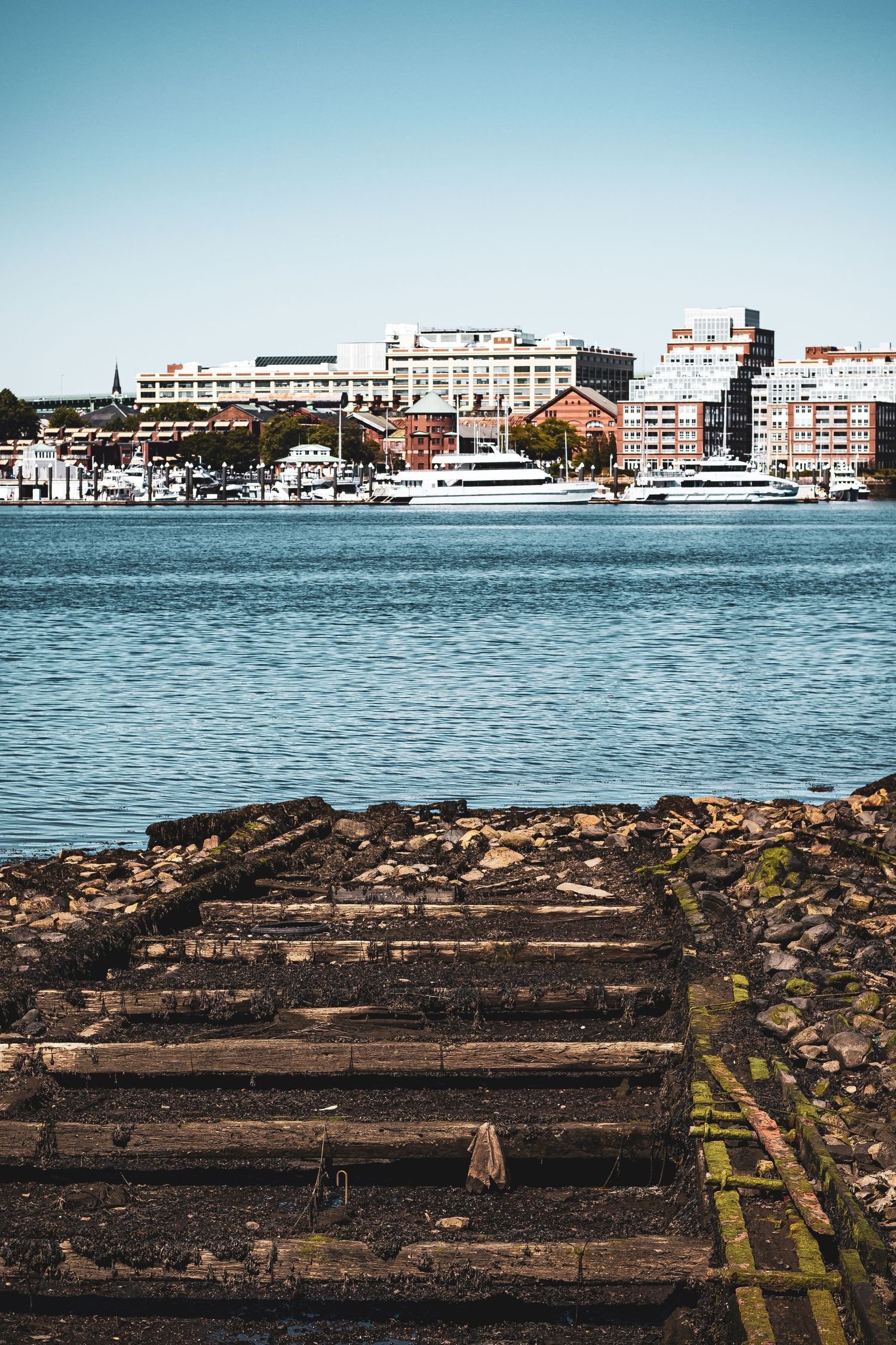 Old wooden steps lead down to the waterfront with boats and modern buildings along the harbor skyline in Portland, Maine.
