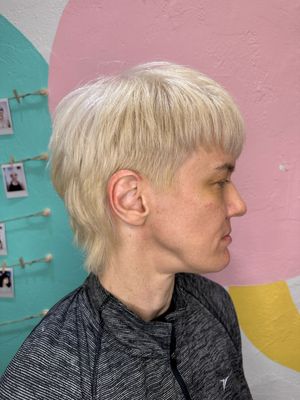 Platinum short mullet hair color and haircut done by Angelis