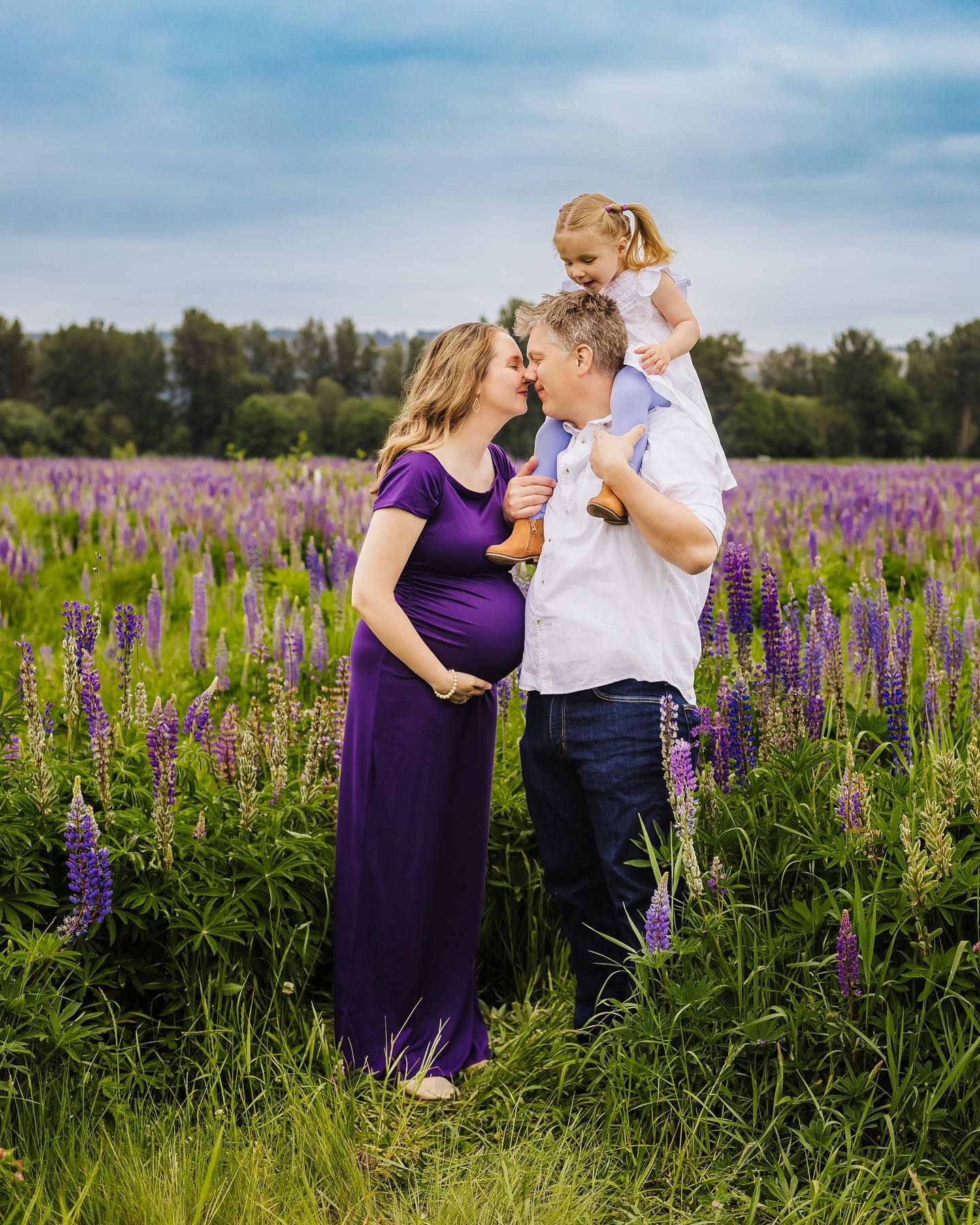A family poses together in a vibrant field of purple lupine flowers during a maternity photo session.