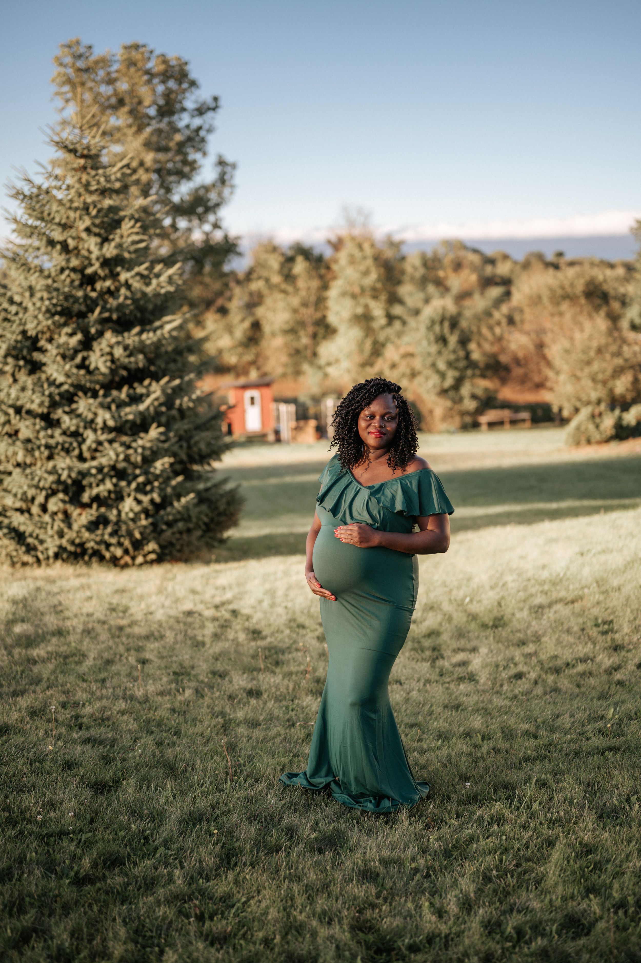 A maternity photo shoot in a green dress against a scenic outdoor backdrop with evergreen trees and mountains.
