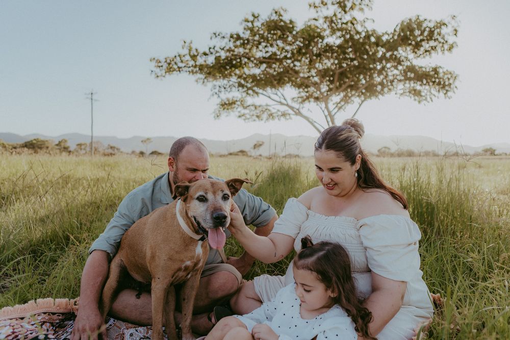 Family with dog and young daughter sit together on rug in lush green field at golden hour.