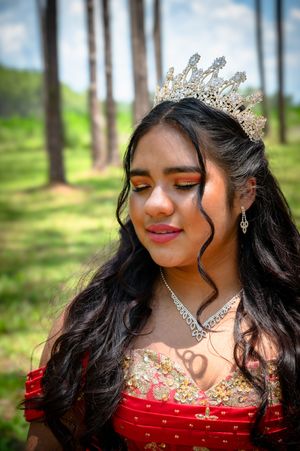 A sparkling tiara and necklace accessorize elegant formal attire in an outdoor portrait among tall pine trees.