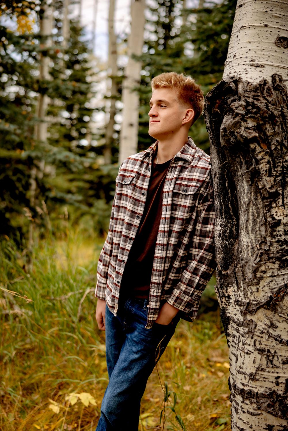 A person in a plaid flannel shirt and jeans stands among aspen trees in a forest setting during autumn. Senior Pueblo Photographer