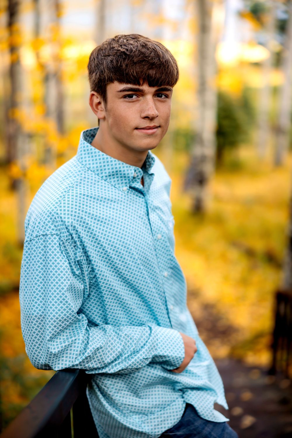 Four sequential outdoor portraits in a blue checkered shirt against autumn trees with golden foliage in the background.