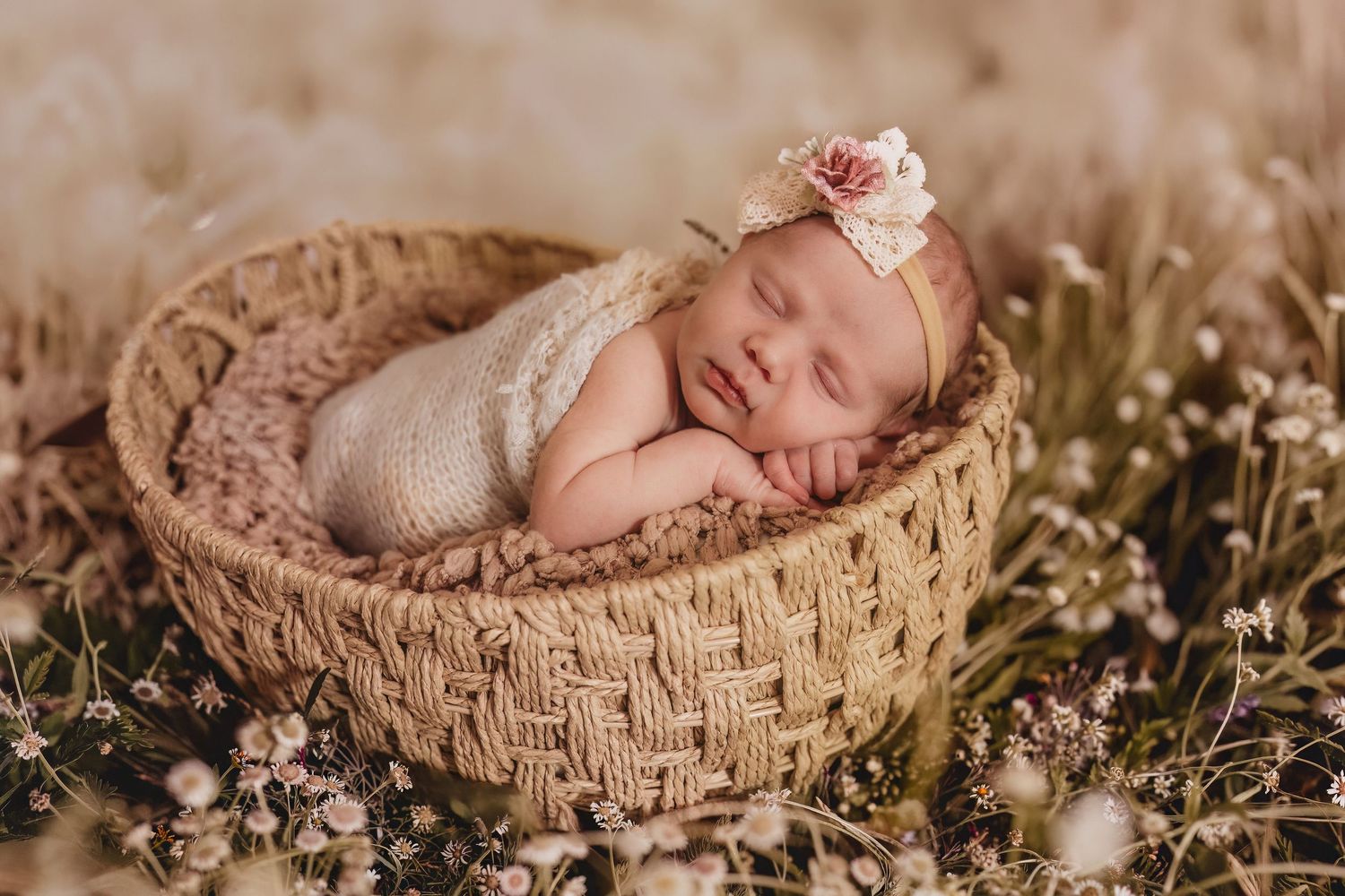 Newborn baby girl sleeping peacefully in a wicker basket with a floral headband, surrounded by wildflowers.