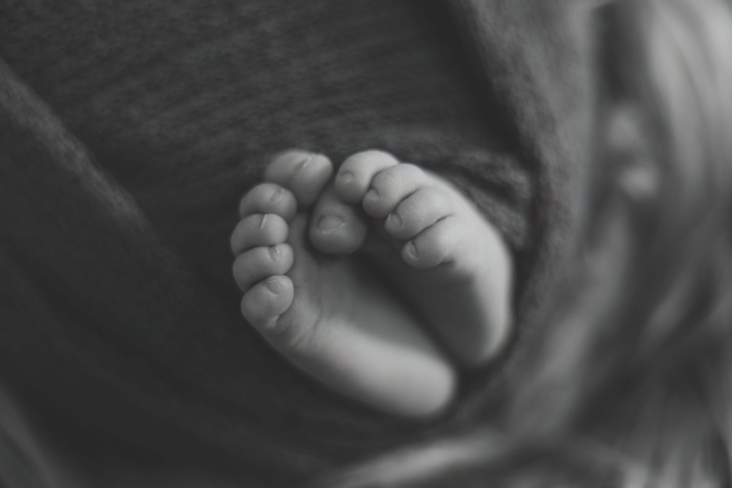 Close-up black and white photo of tiny newborn baby feet wrapped in a soft blanket.