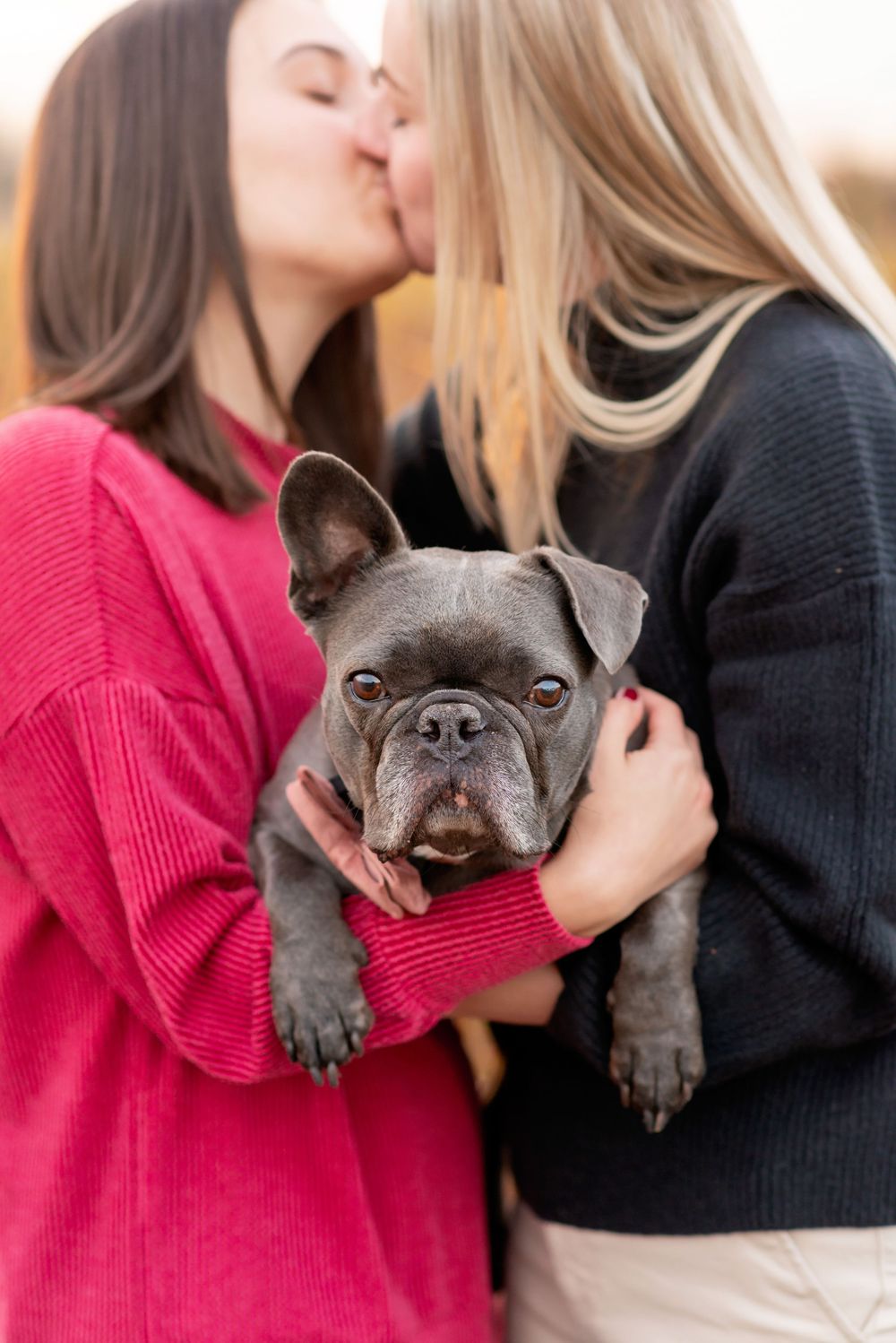 French bulldog looks at camera while being held between two people in red and black sweaters outdoors at  AT KOMOKA PROVINCIAL PARK Pond.