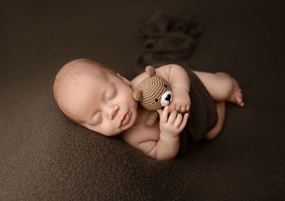 Newborn posed on a dark neutral backdrop holding a teddy bear during a classic newborn session in New Hampshire