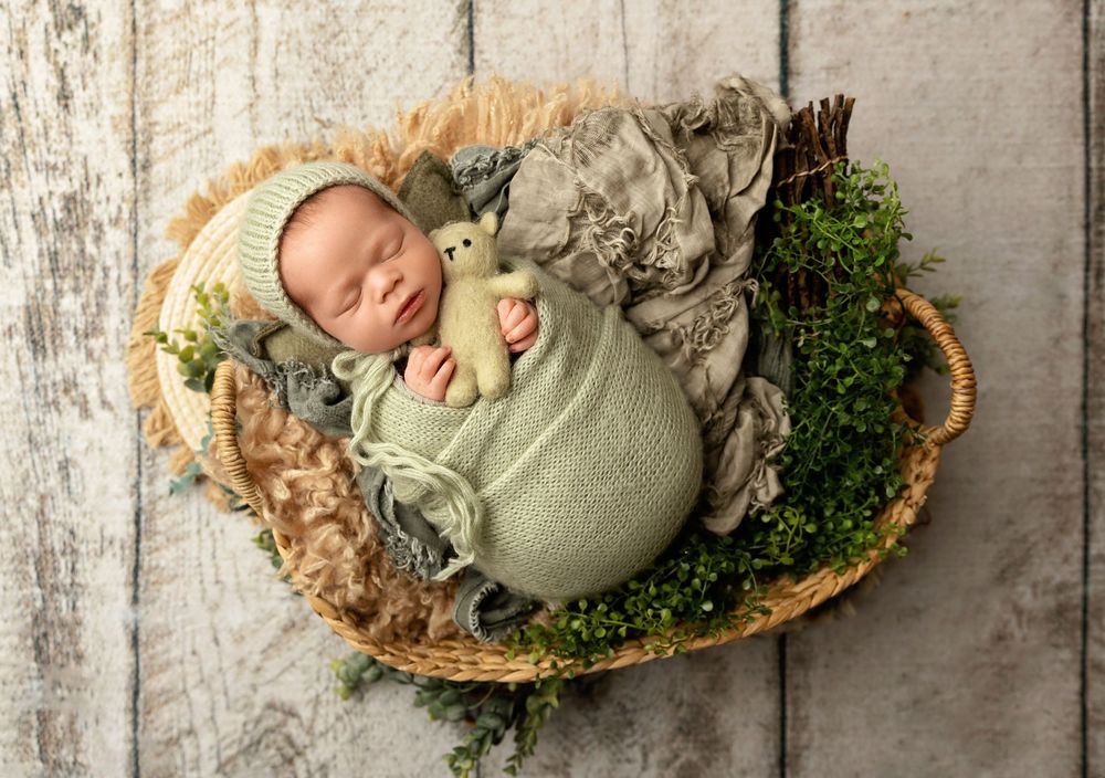 Swaddled newborn in a basket with greenery during a natural studio newborn session in Tilton NH