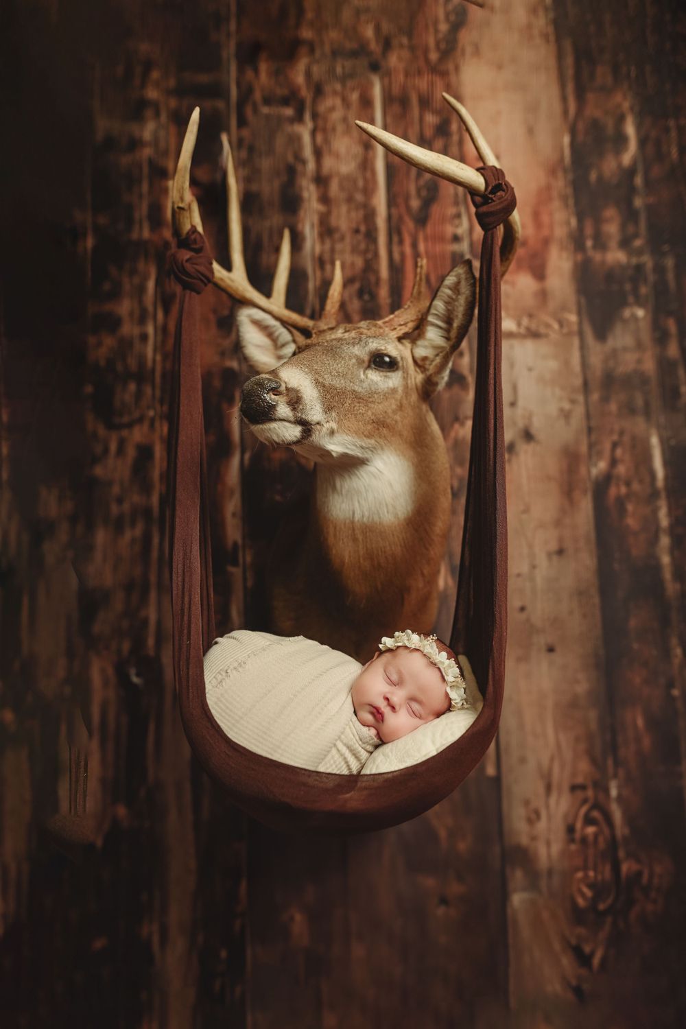 Rustic newborn photography setup with mounted deer head and dark wood background.
