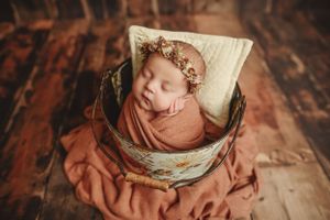 Sleeping newborn in vintage-style photography setup with soft pink fabrics and antique props.