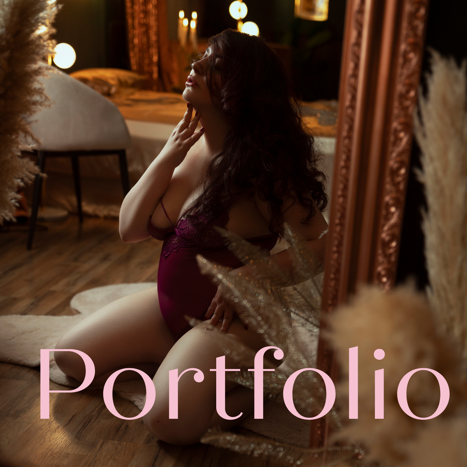 A silhouetted figure in evening attire sits in a dimly lit room with candles and ornate mirrors creating an elegant mood.