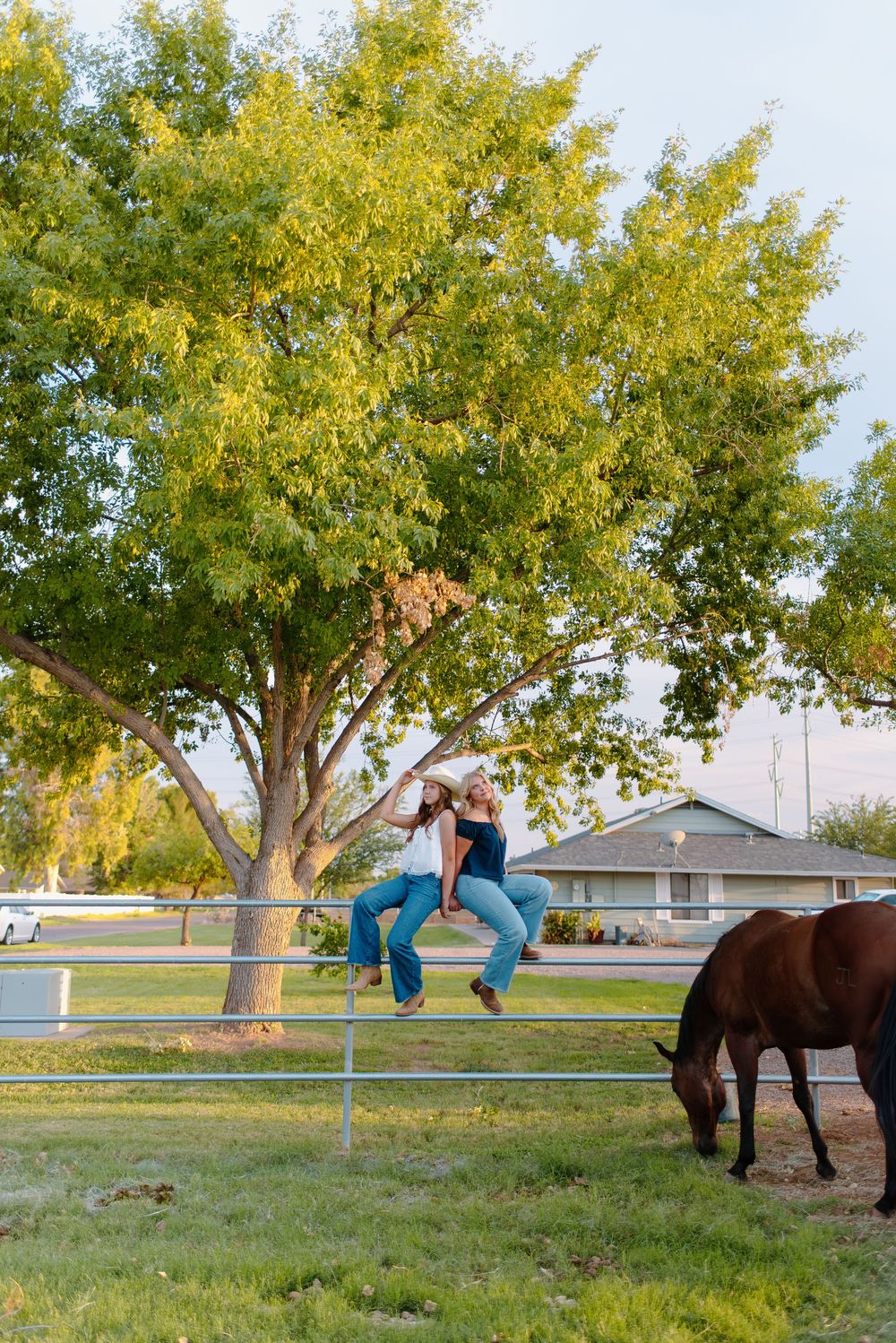 Photo of two high school seniors at their shared western senior photoshoot in Gilbert, Arizona with horses.