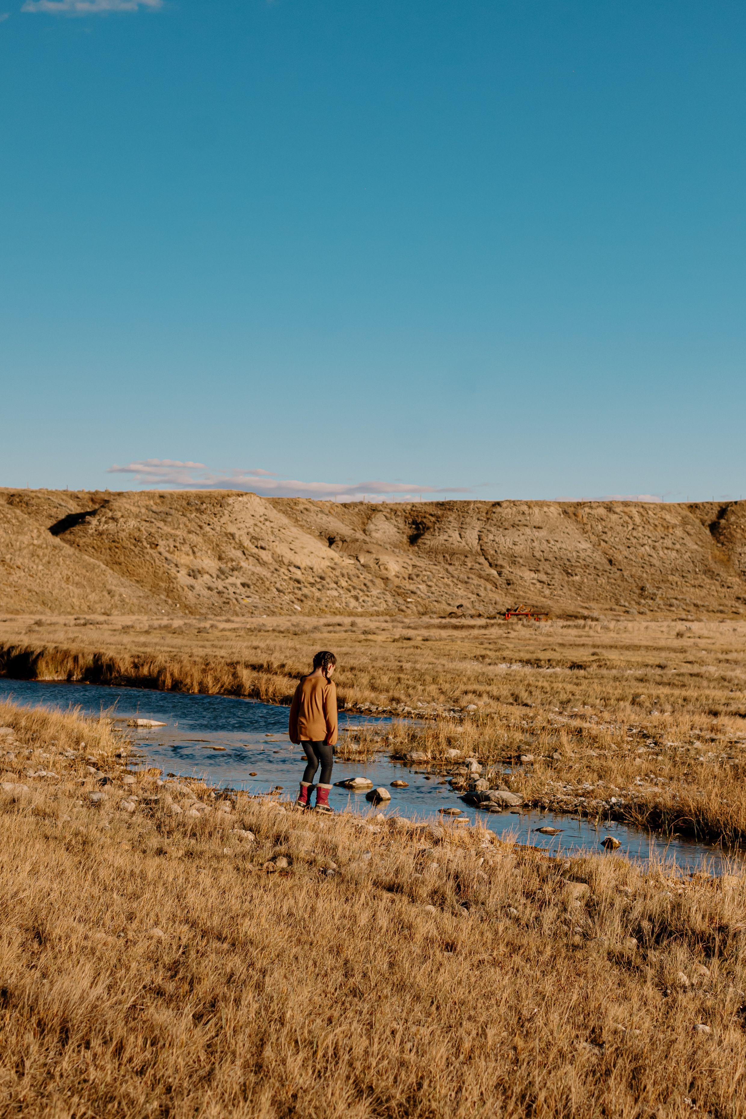 Hikers explore a golden grassland trail alongside a winding stream under bright blue skies in a desert landscape.