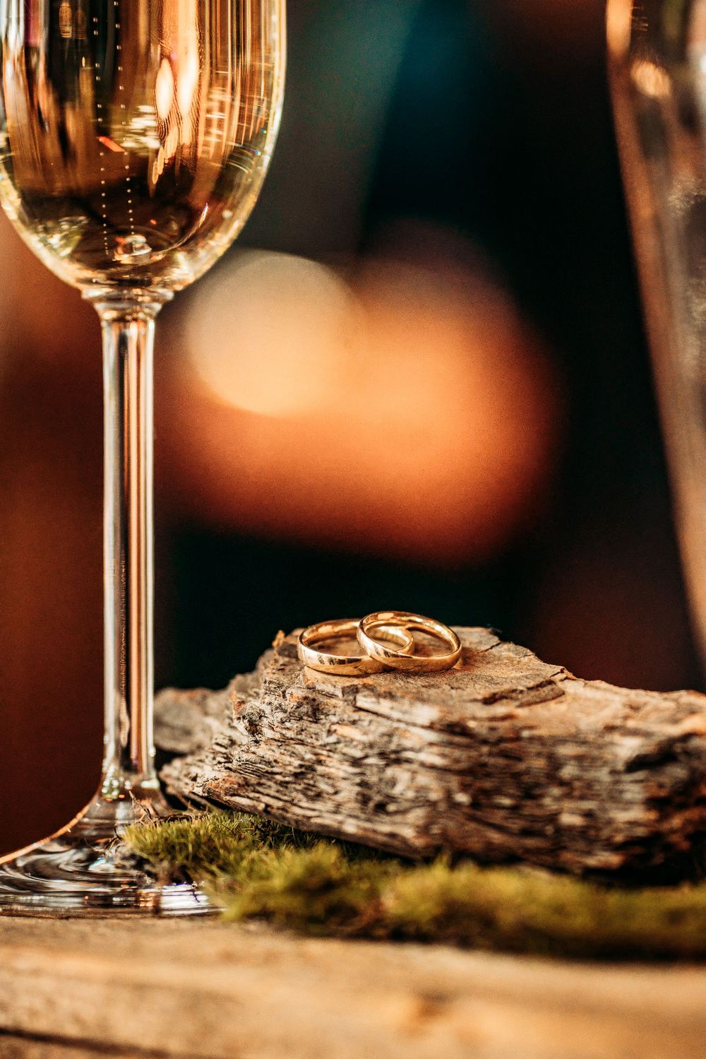 Wine glasses rest on rustic wooden surfaces with moss and bark details in warm ambient lighting.