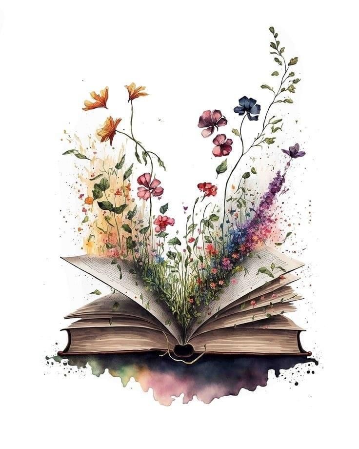 A vintage book lies open with colorful wildflowers and butterflies magically springing from its pages in watercolor style.