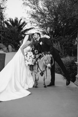 Bride and groom share a kiss beside a decorated donkey in a black and white outdoor wedding photo.