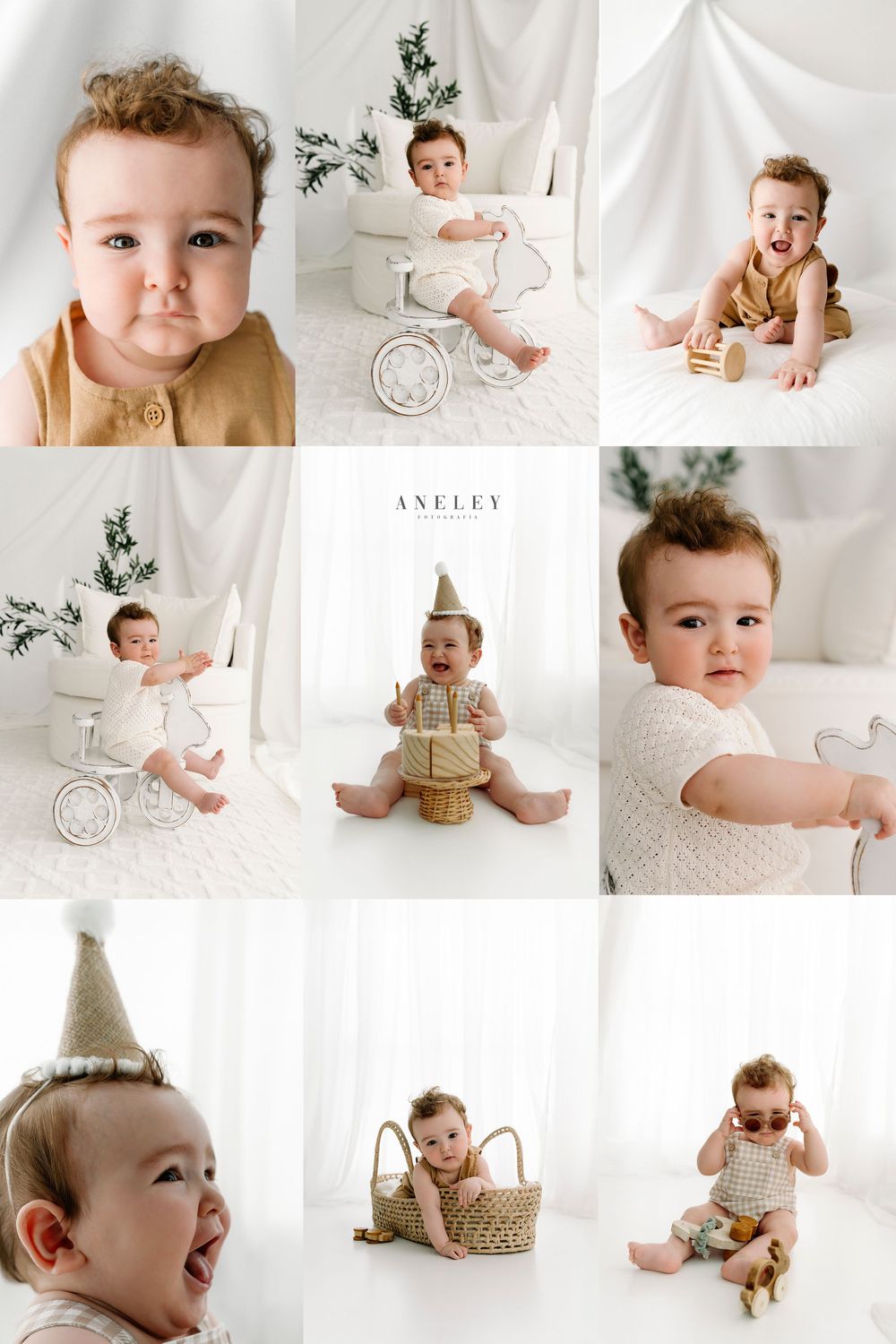 Baby photography collage featuring minimalist white studio setup with neutral tones and soft lighting.