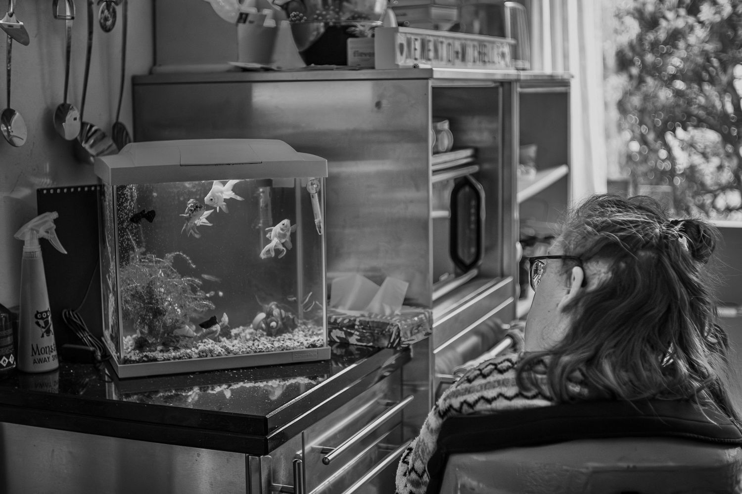 Reportagefoto van dochter kijkend naar vissen