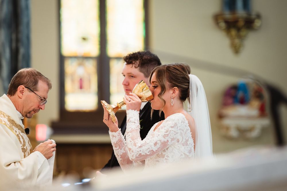 A series of emotional moments captured during a church wedding ceremony in soft lighting.
