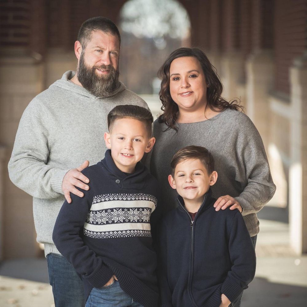 A series of casual family portraits showing affectionate moments in matching winter sweaters.