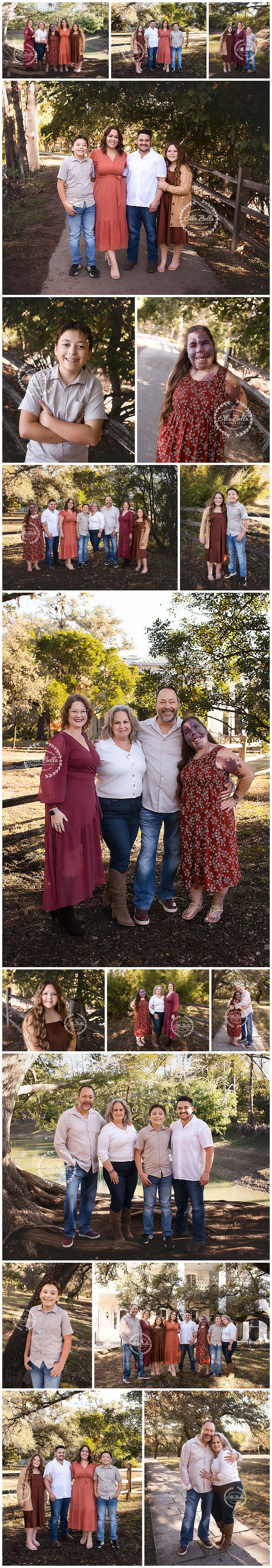 A collection of outdoor family portraits taken in a wooded setting with people wearing burgundy and white outfits.