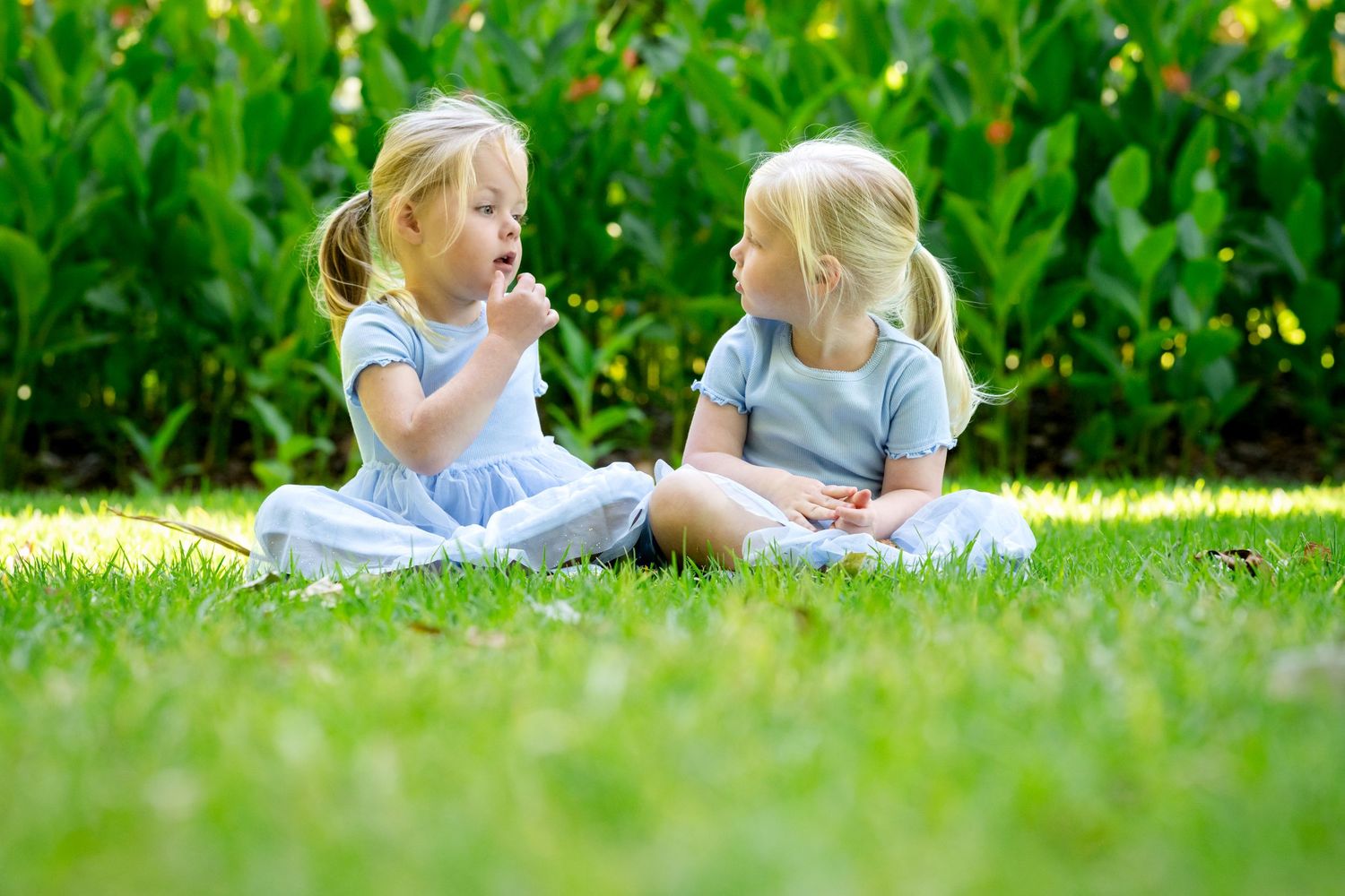 Two blonde toddler girls in light blue dresses sitting on green grass in a sunny garden, sharing a moment together.