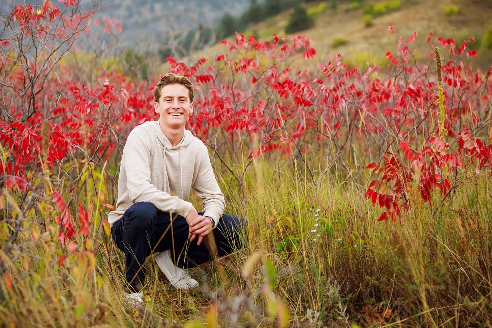 Red autumn foliage grows among tall grass in a mountainous landscape on a cloudy day.