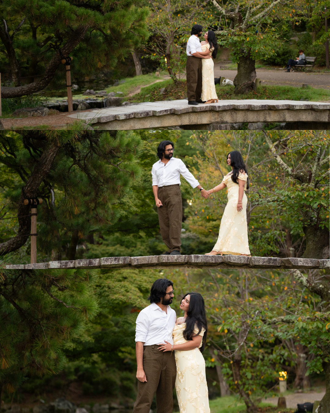 Couple poses romantically on a stone bridge surrounded by lush greenery.