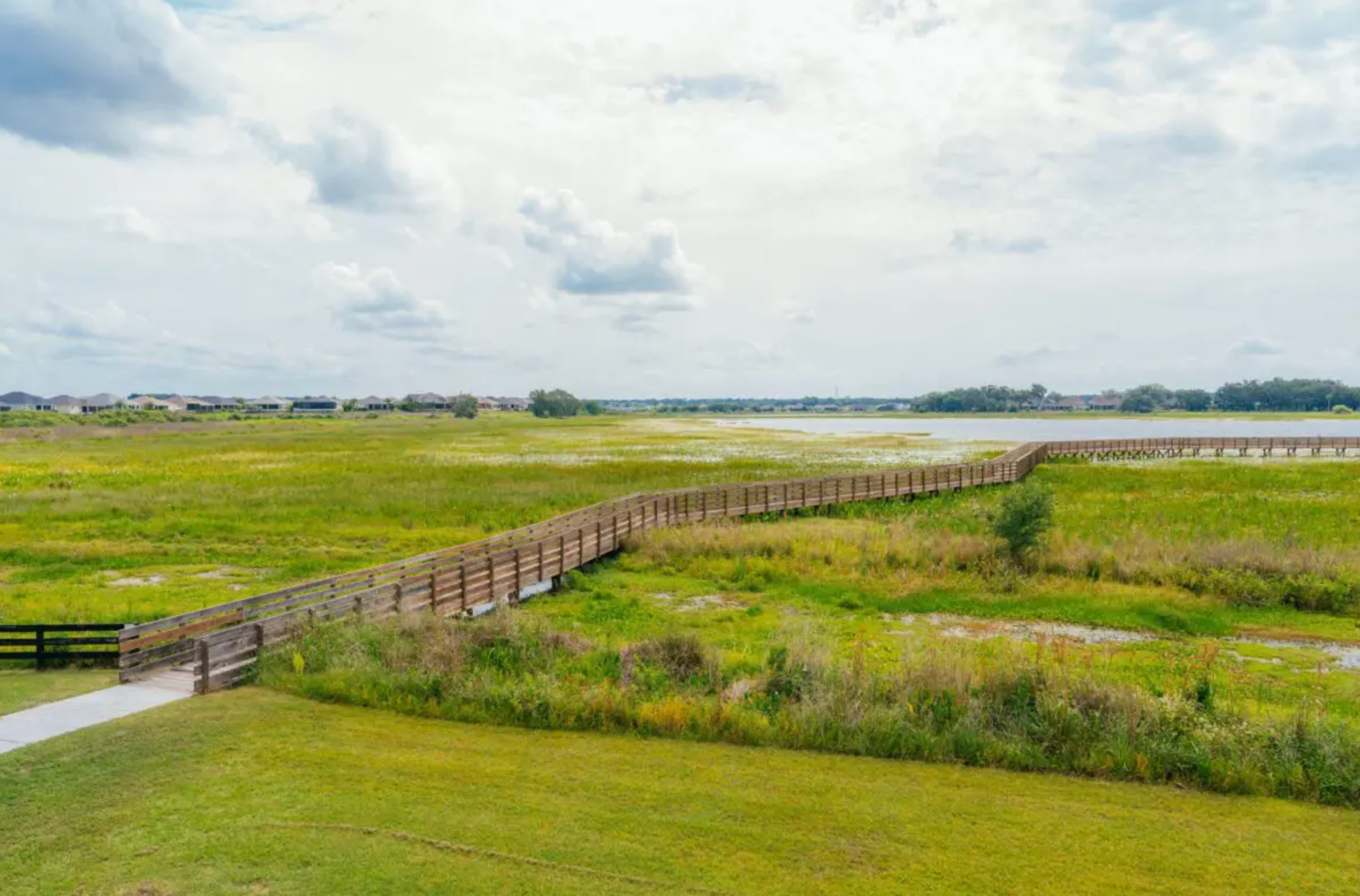 Panoramic view of a green Dutch polder landscape with wooden fences and canals under cloudy skies.
