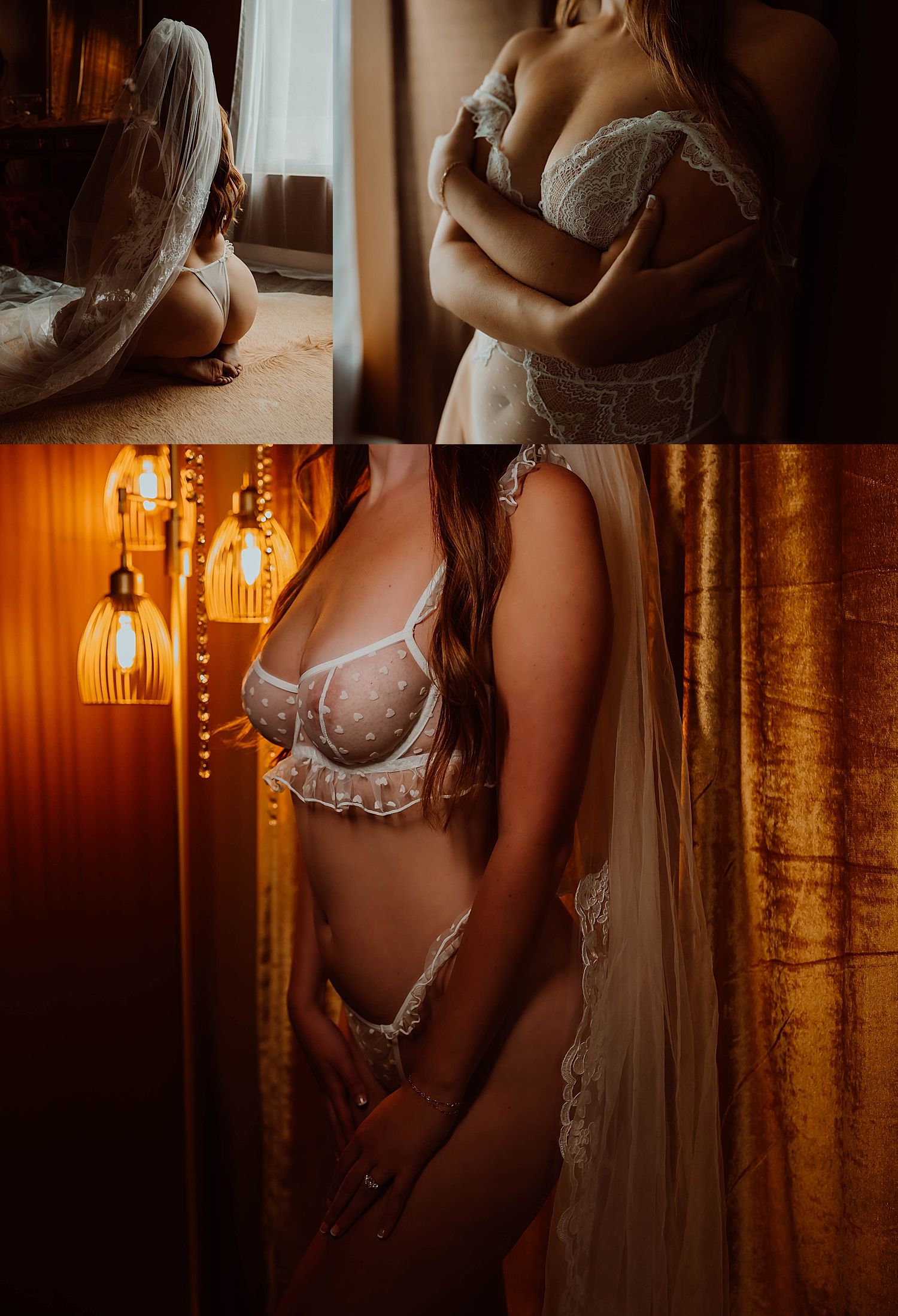 woman in white lingerie stands in front of studio lamps by Wisconsin boudoir photographer.