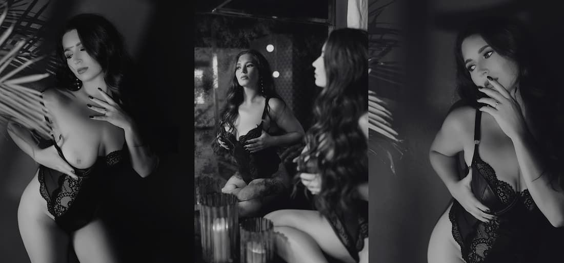 Romantic black and white photo series showing intimate moments between a couple in dramatic lighting.