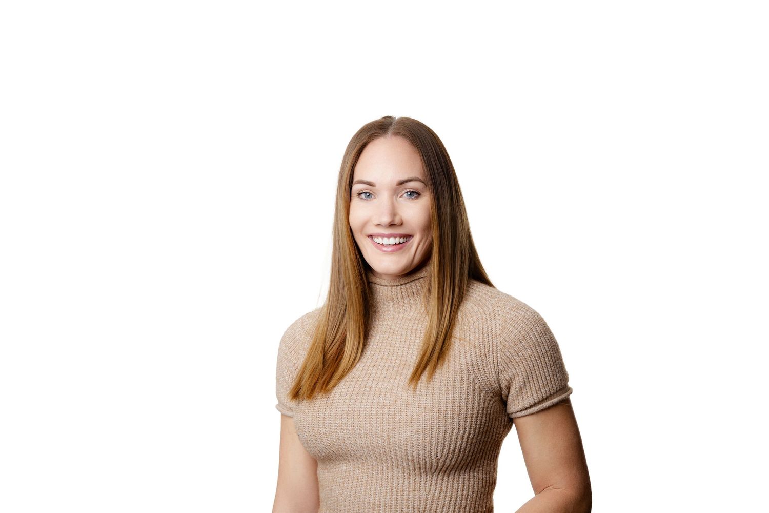 Professional studio portrait of someone wearing a beige ribbed short sleeve top against a white background.