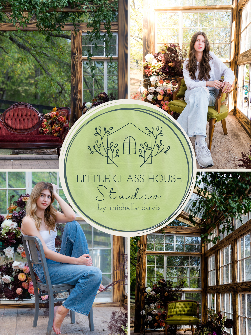 A collection of greenhouse and garden photography branding images with soft green oval logos and natural lighting.