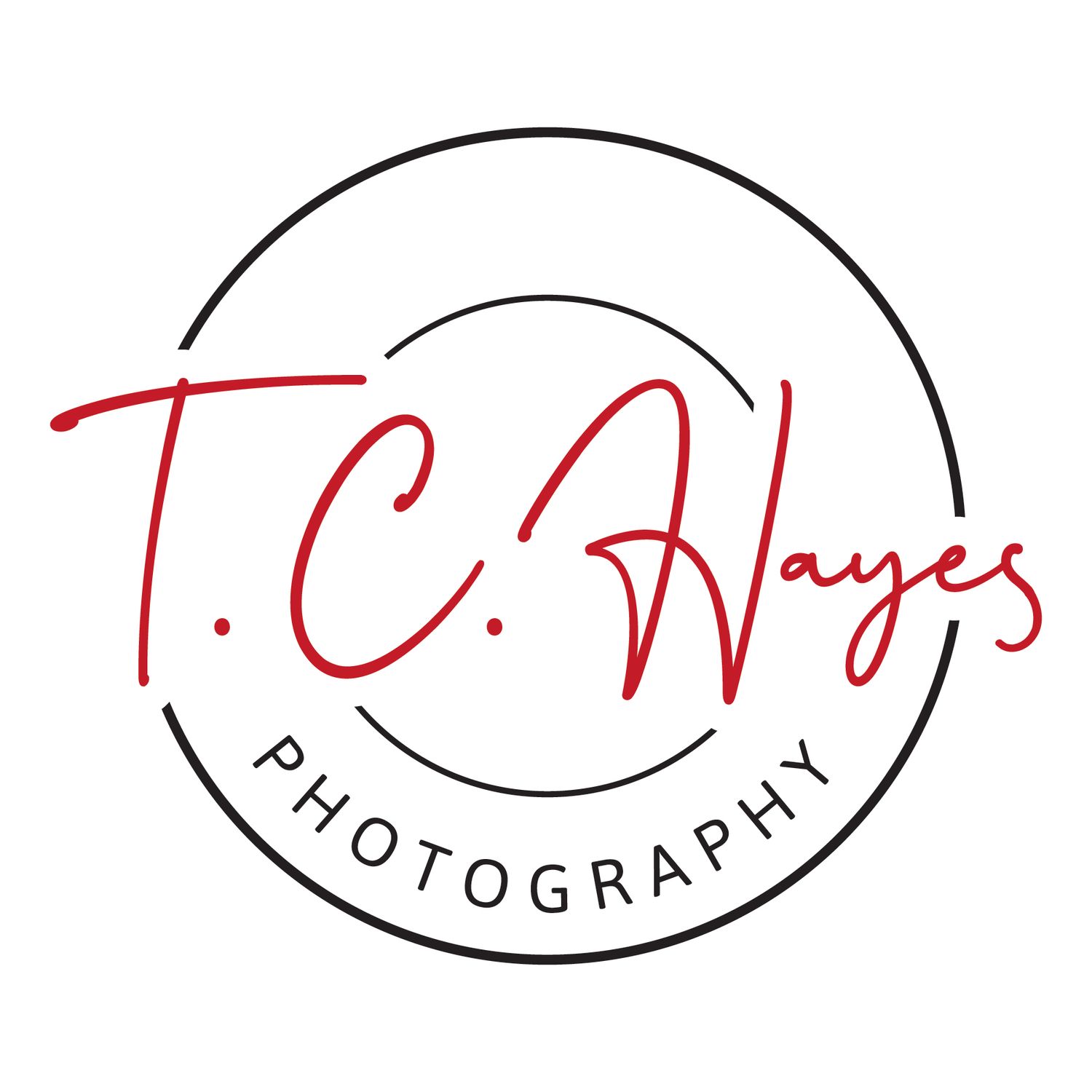 Circular black and red logo design for TC Hayes Photography with stylized handwritten text and clean minimal layout.