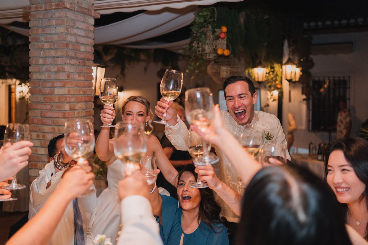 A joyous celebration moment as party guests raise their glasses for a group toast during an evening event.