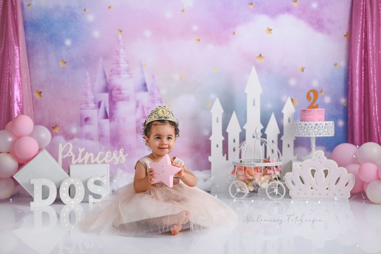 A magical princess themed set with pink balloons, castle backdrop, crown and carriage in dreamy pastel colors.