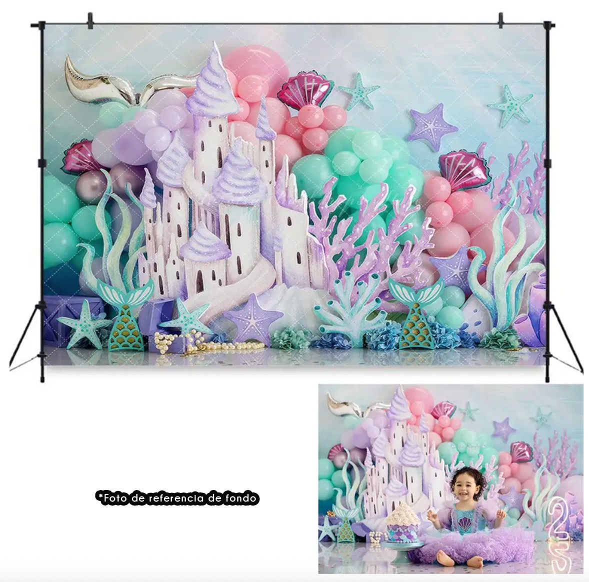 Fantasy underwater mermaid backdrop with white castle, pink coral seashells, purple and mint green decorative elements.