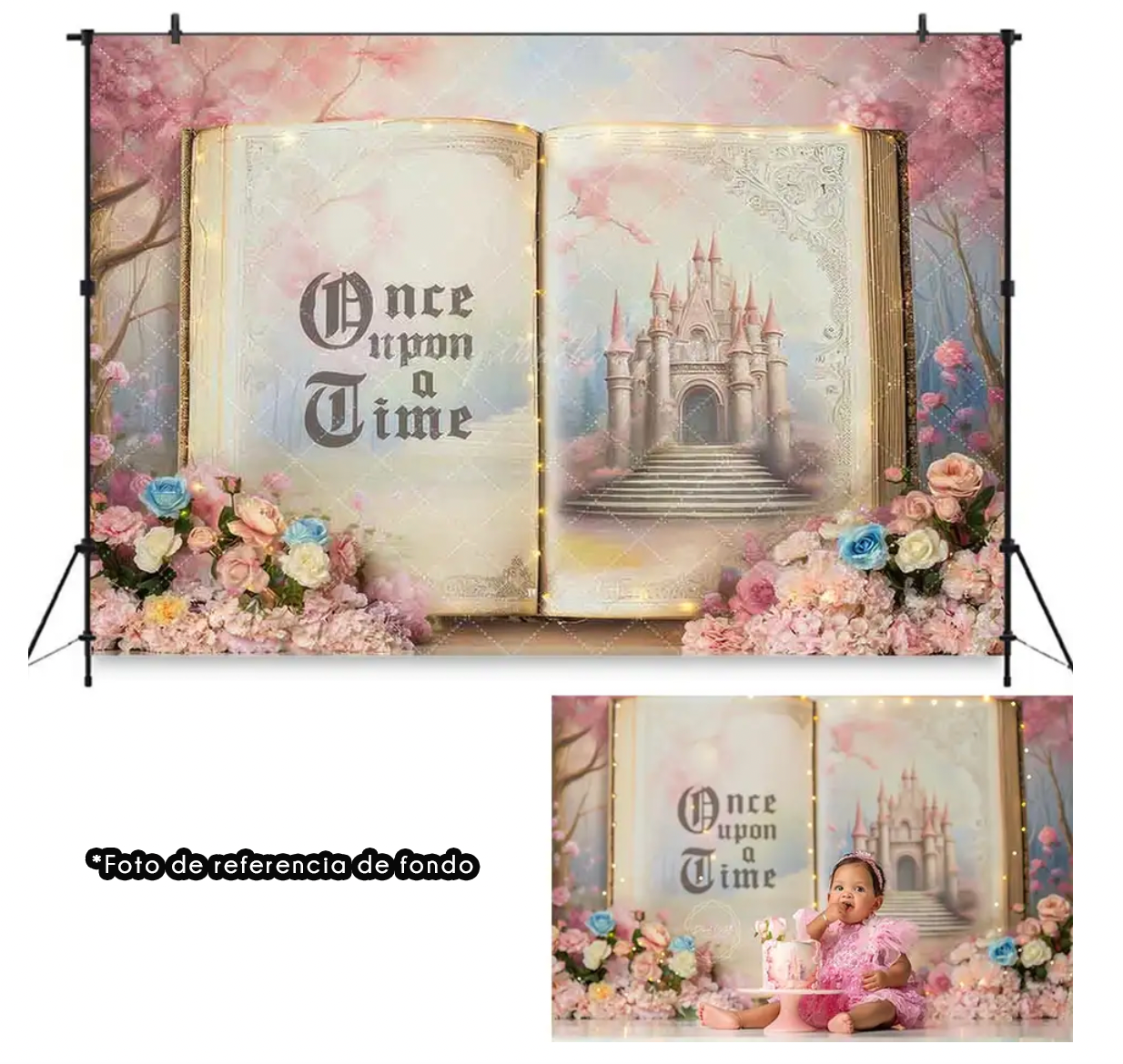 Beautiful storybook backdrop with 'Once Upon a Time' text, castle illustration, and pink flowers for princess photography.