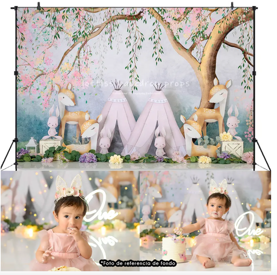 Whimsical teepee photo backdrop with cherry blossoms, fairy lights and spring flowers against a dreamy pastel background.