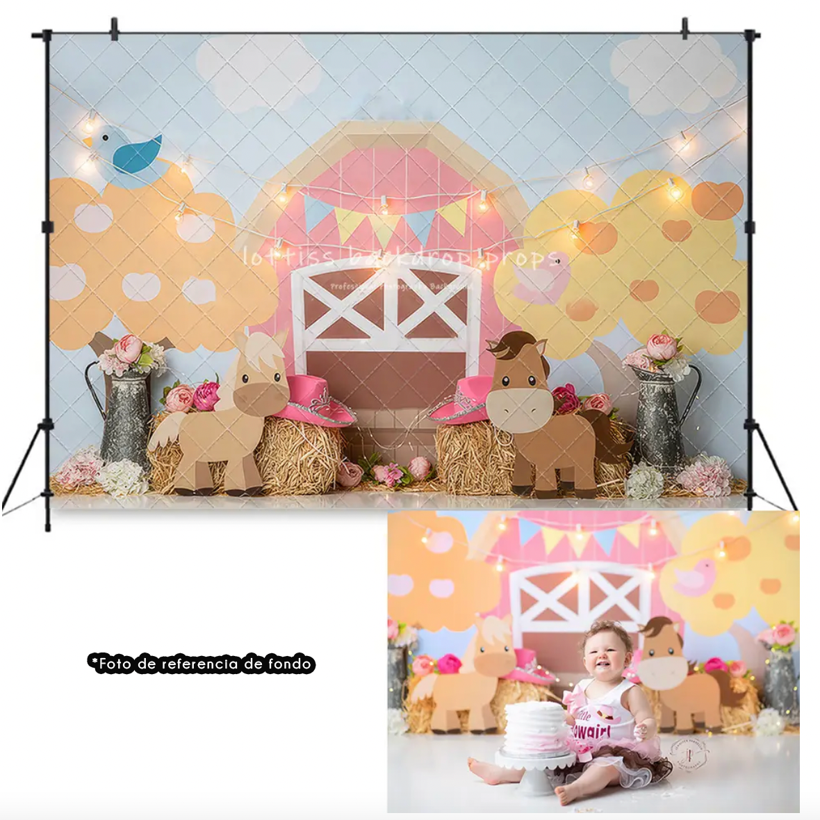 Farm themed photography backdrop with hay bales, toy horses, flowers, and pink barn door design for children's portraits.