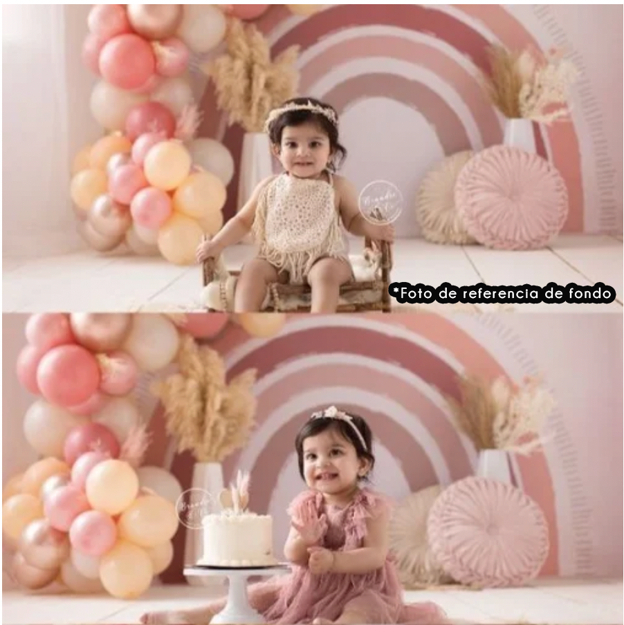 Festive first birthday photoshoot setup with pink balloons, rainbow backdrop, and cake against pastel decorations.