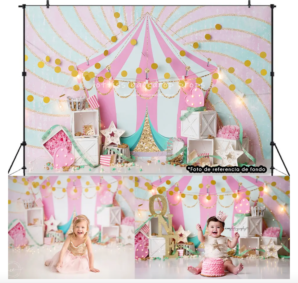 Pink and mint circus tent backdrop with golden confetti design for photography setup in pastel colors with cute props.