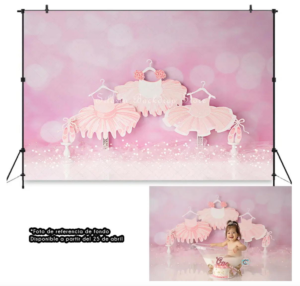 Pink and white princess themed backdrop with tiaras and sparkles perfect for cake smash or children's photo shoot backgrounds.