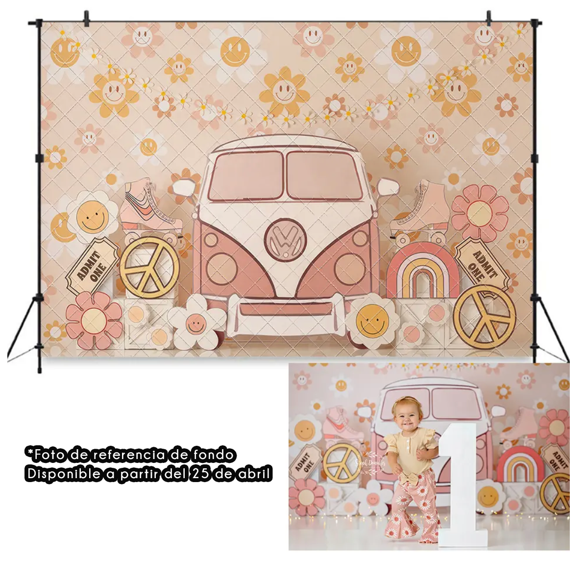Pink retro VW van backdrop with floral pattern, peace signs and rainbow design elements in boho style photography background.