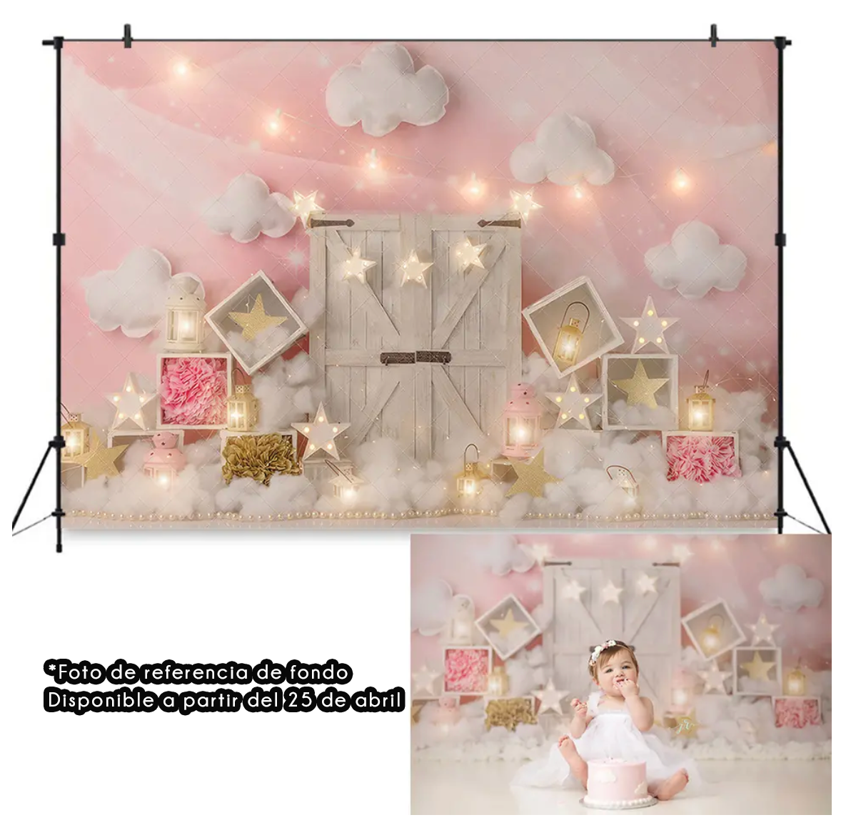 Pink and white decorative photo backdrop with wooden doors, stars, clouds and string lights for baby or birthday photography.
