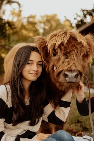 Person in striped sweater poses with friendly Highland cow during golden hour.